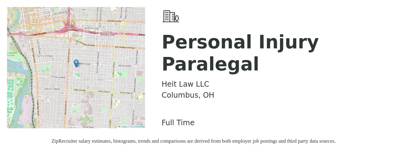 Heit Law LLC job posting for a Personal Injury Paralegal in Columbus, OH with a salary of $18 to $25 Hourly with a map of Columbus location.