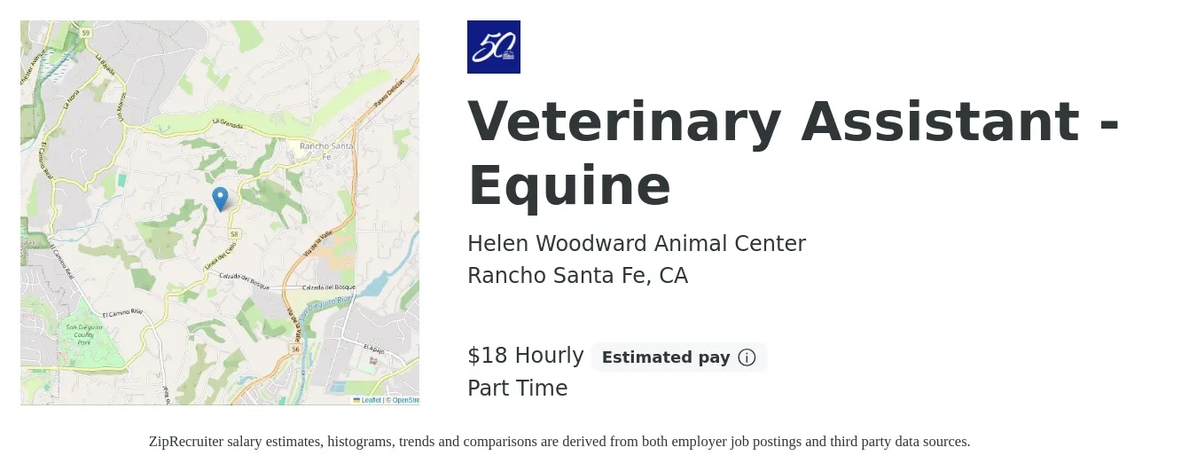 Helen Woodward Animal Center job posting for a Veterinary Assistant - Equine in Rancho Santa Fe, CA with a salary of $19 Hourly with a map of Rancho Santa Fe location.