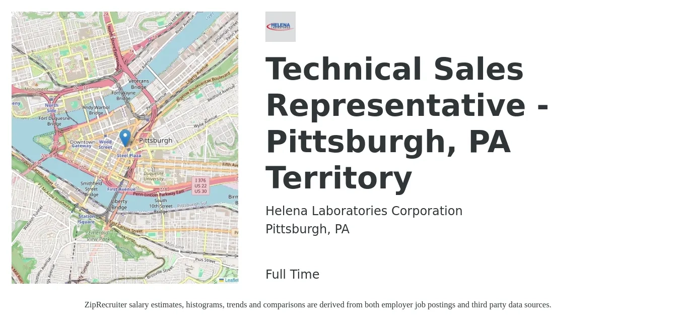 Helena Laboratories Corporation job posting for a Technical Sales Representative - Pittsburgh, PA Territory in Pittsburgh, PA with a salary of $61,200 to $87,900 Yearly with a map of Pittsburgh location.