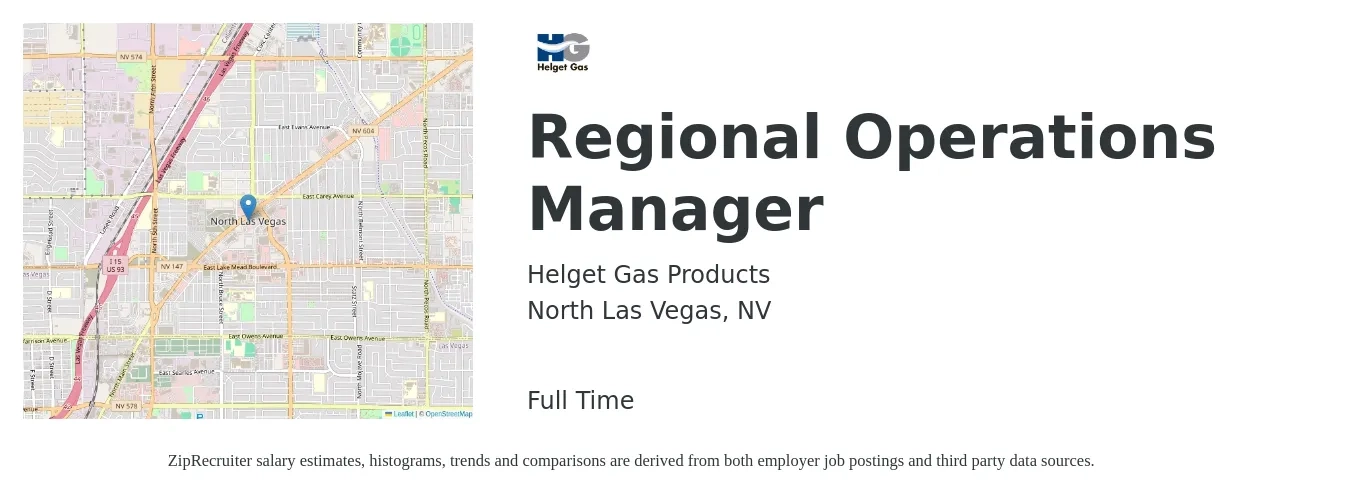 Helget Gas Products job posting for a Regional Operations Manager in North Las Vegas, NV with a salary of $62,800 to $100,400 Yearly with a map of North Las Vegas location.