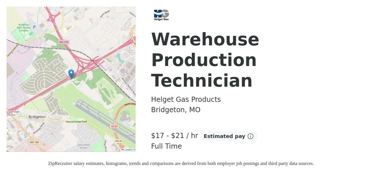 Helget Gas Products job posting for a Warehouse Production Technician in Bridgeton, MO with a salary of $18 to $22 Hourly with a map of Bridgeton location.