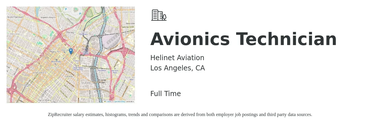 Helinet Aviation job posting for a Avionics Technician in Los Angeles, CA with a salary of $35 to $48 Hourly with a map of Los Angeles location.