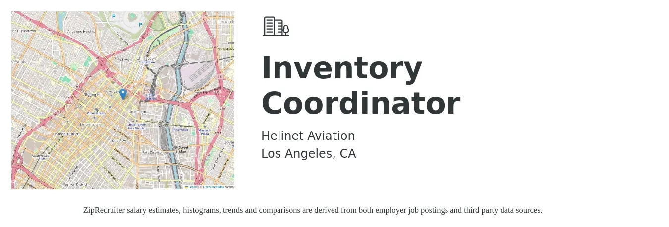Helinet Aviation job posting for a Inventory Coordinator in Los Angeles, CA with a salary of $22 to $25 Hourly with a map of Los Angeles location.