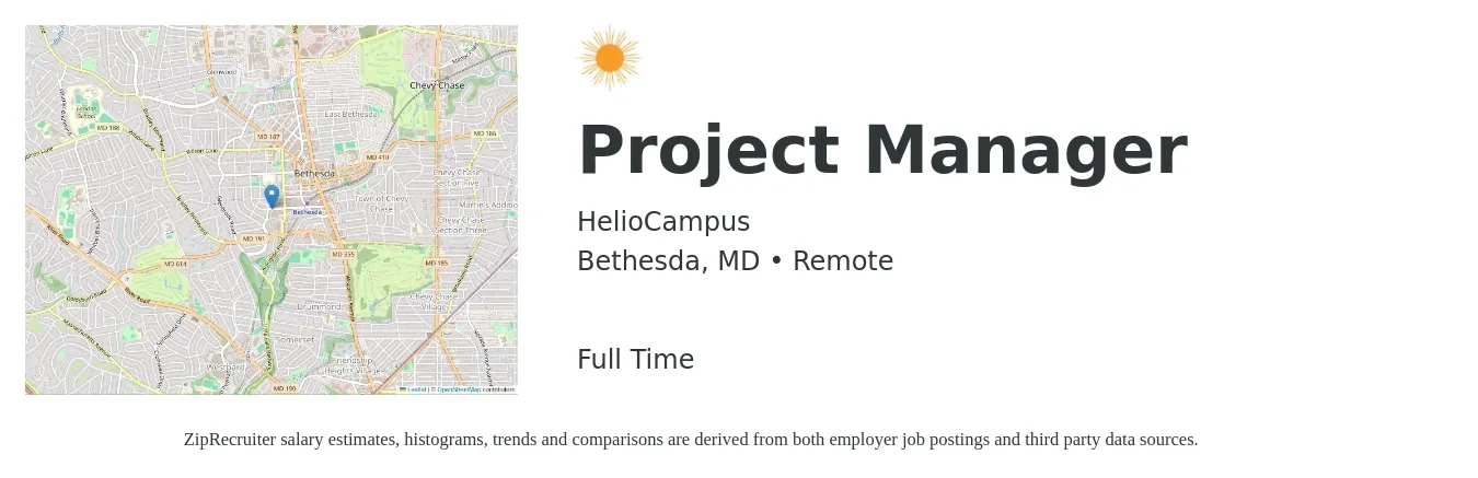 HelioCampus job posting for a Project Manager in Bethesda, MD with a salary of $83,800 to $131,300 Yearly with a map of Bethesda location.