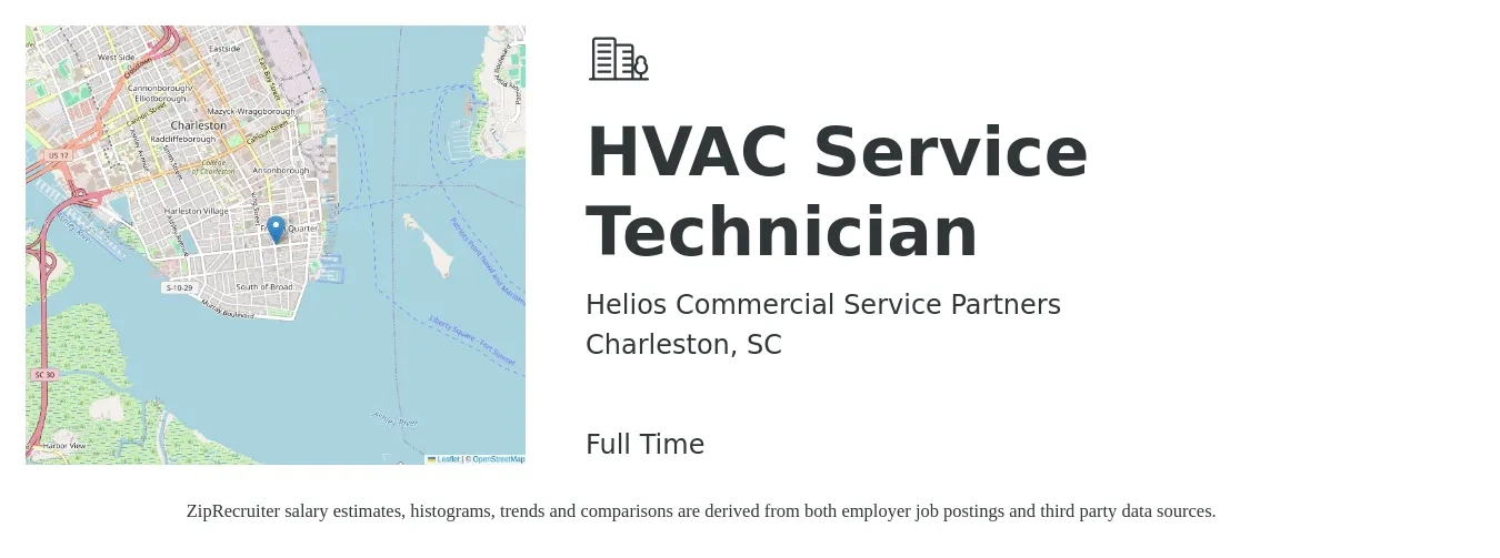 Helios Commercial Service Partners job posting for a HVAC Service Technician in Charleston, SC with a salary of $25 to $39 Hourly with a map of Charleston location.