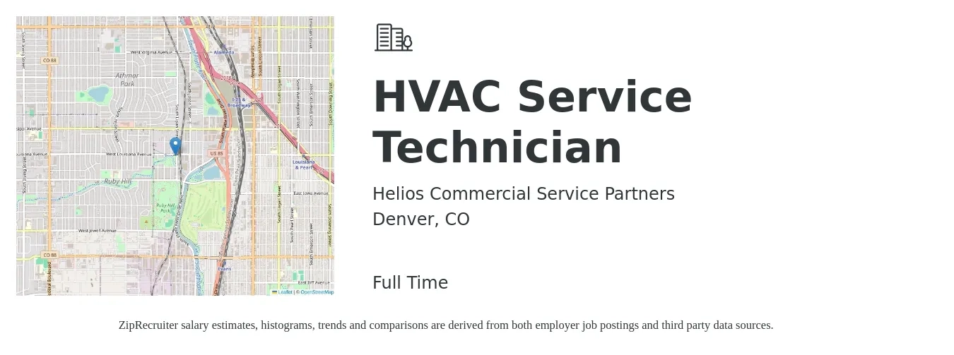 Helios Commercial Service Partners job posting for a HVAC Service Technician in Denver, CO with a salary of $25 to $39 Hourly with a map of Denver location.