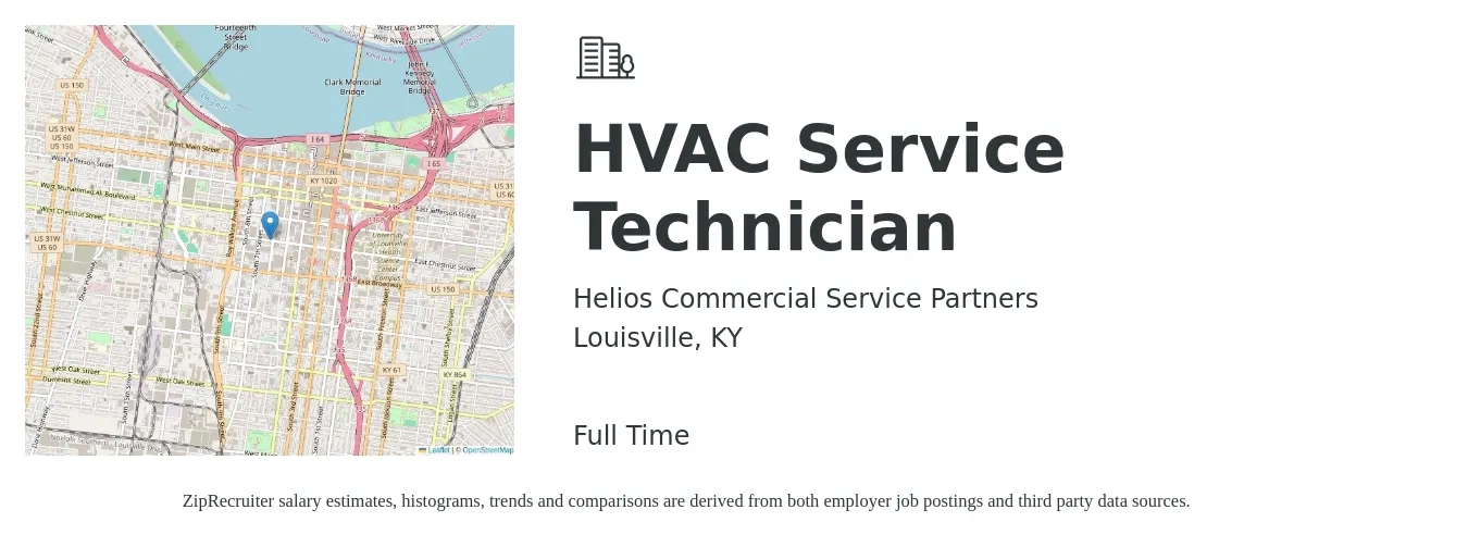 Helios Commercial Service Partners job posting for a HVAC Service Technician in Louisville, KY with a salary of $25 to $39 Hourly with a map of Louisville location.