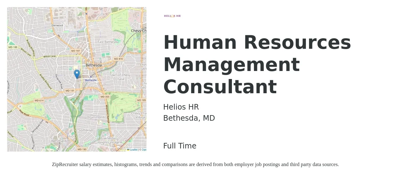 Helios HR job posting for a Human Resources Management Consultant in Bethesda, MD with a salary of $62,700 to $105,600 Yearly with a map of Bethesda location.
