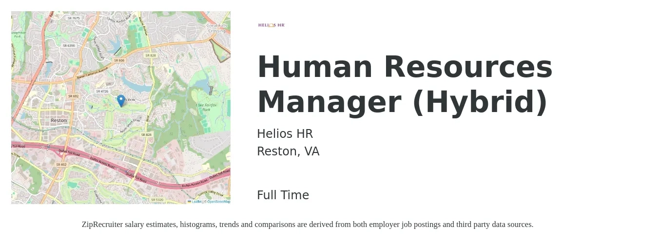 Helios HR job posting for a Human Resources Manager (Hybrid) in Reston, VA with a salary of $71,800 to $104,000 Yearly with a map of Reston location.