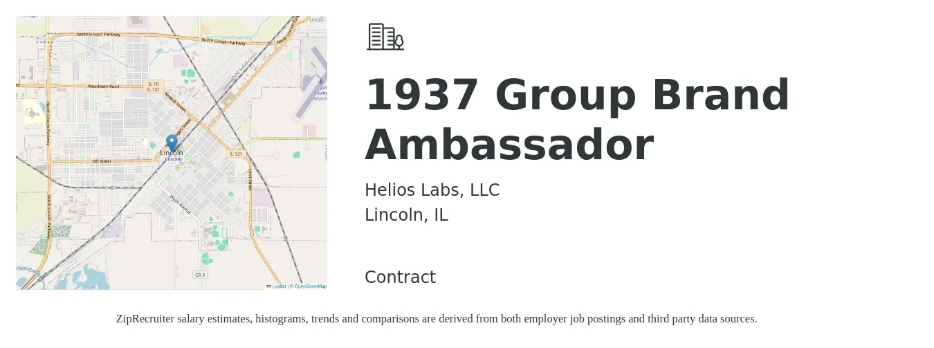 Helios Labs, LLC job posting for a 1937 Group Brand Ambassador in Lincoln, IL with a salary of $20 Hourly with a map of Lincoln location.