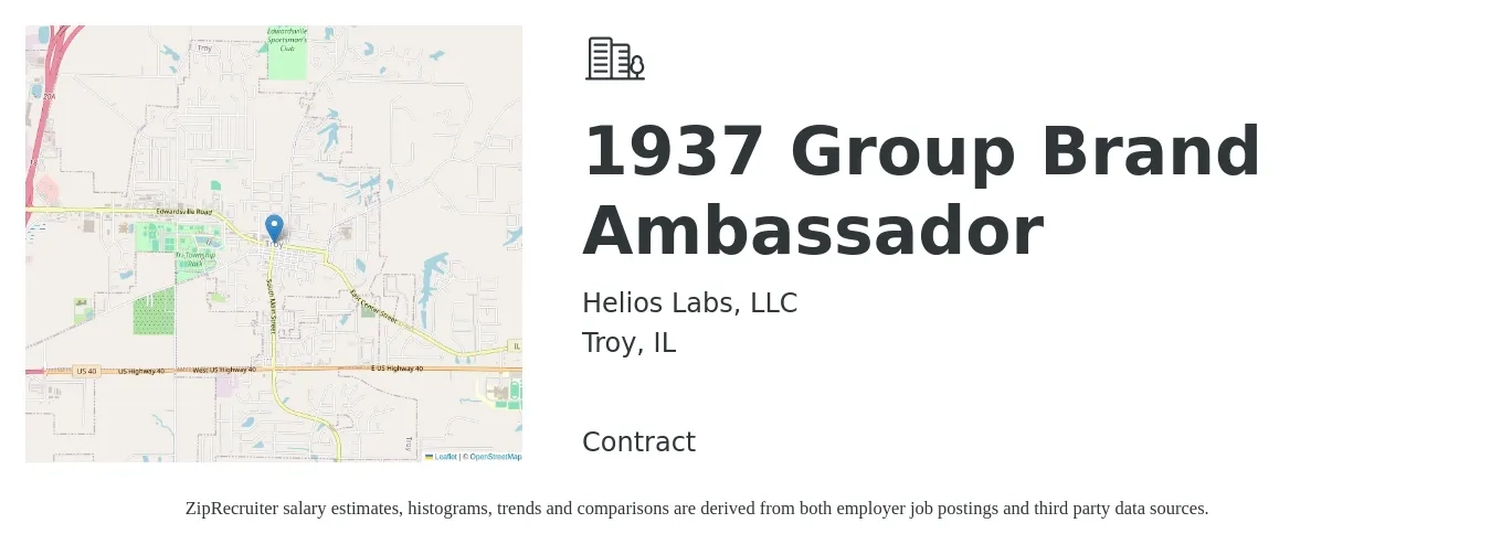 Helios Labs, LLC job posting for a 1937 Group Brand Ambassador in Troy, IL with a salary of $20 Hourly with a map of Troy location.