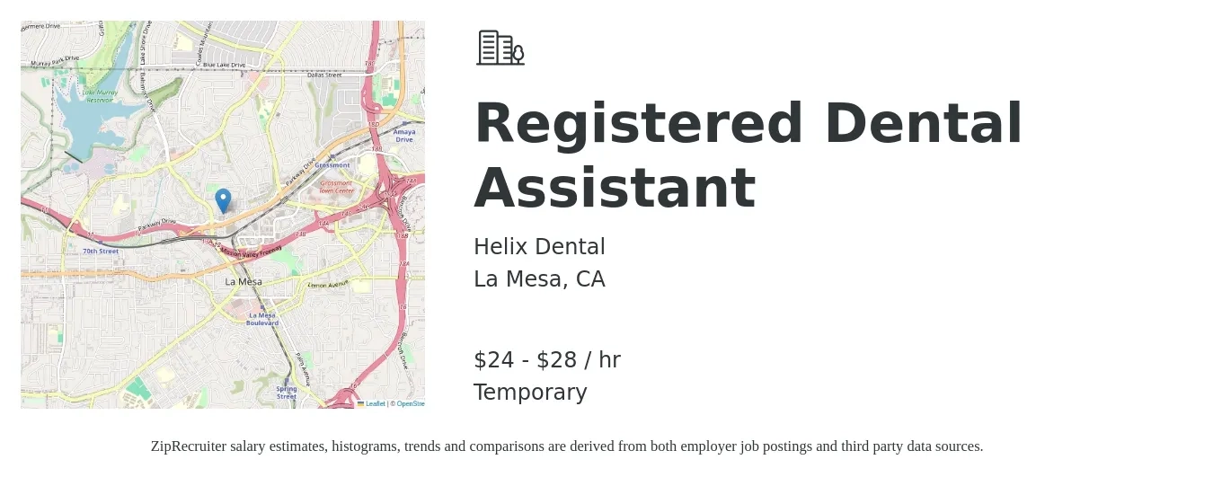 Helix Dental job posting for a Registered Dental Assistant in La Mesa, CA with a salary of $25 to $30 Hourly with a map of La Mesa location.