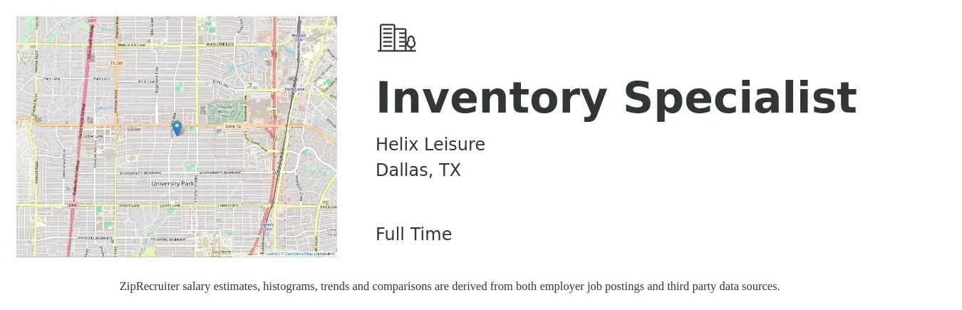 Helix Leisure job posting for a Inventory Specialist in Dallas, TX with a salary of $17 to $22 Hourly with a map of Dallas location.