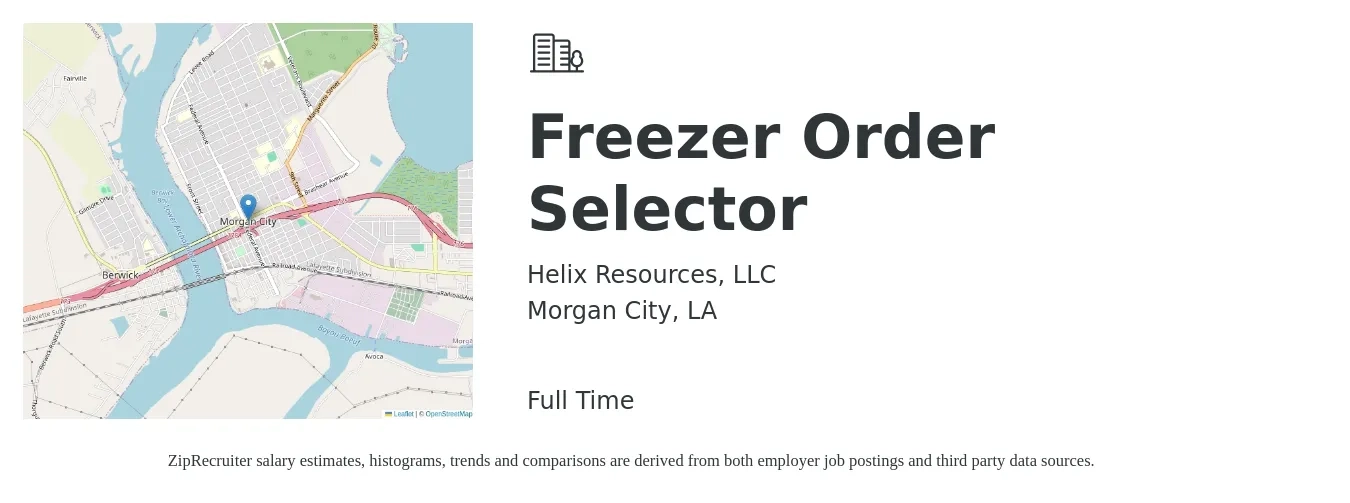 Helix Resources, LLC job posting for a Freezer Order Selector in Morgan City, LA with a salary of $14 to $17 Hourly with a map of Morgan City location.