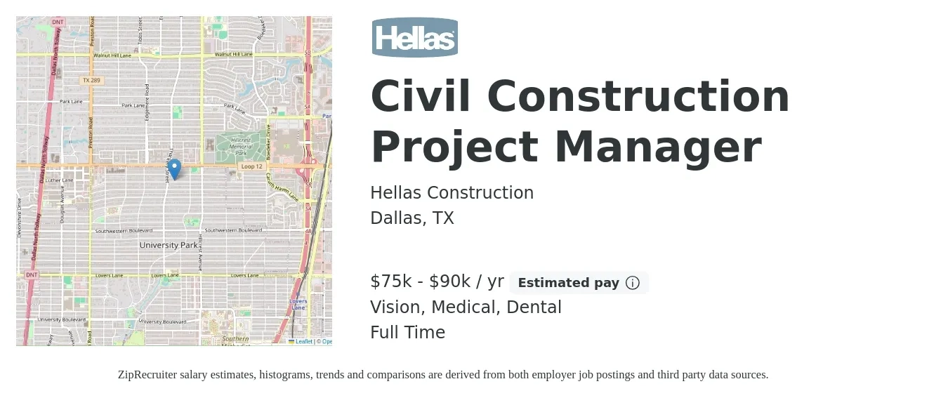 Hellas Construction job posting for a Civil Construction Project Manager in Dallas, TX with a salary of $75,000 to $90,000 Yearly (plus commission) and benefits including pto, retirement, vision, dental, life_insurance, and medical with a map of Dallas location.