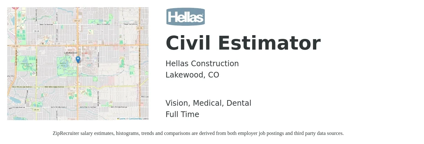 Hellas Construction job posting for a Civil Estimator in Lakewood, CO with a salary of $85,000 to $125,000 Yearly and benefits including medical, pto, retirement, vision, dental, and life_insurance with a map of Lakewood location.