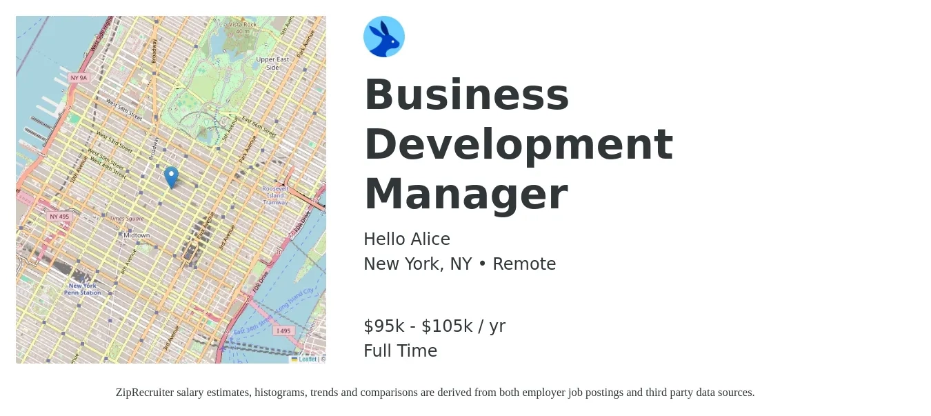 Hello Alice job posting for a Business Development Manager in New York, NY with a salary of $95,000 to $105,000 Yearly with a map of New York location.