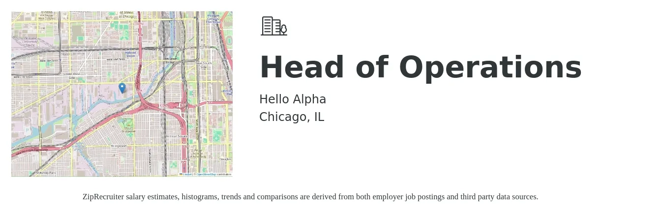 Hello Alpha job posting for a Head of Operations in Chicago, IL with a salary of $77,800 to $139,700 Yearly with a map of Chicago location.