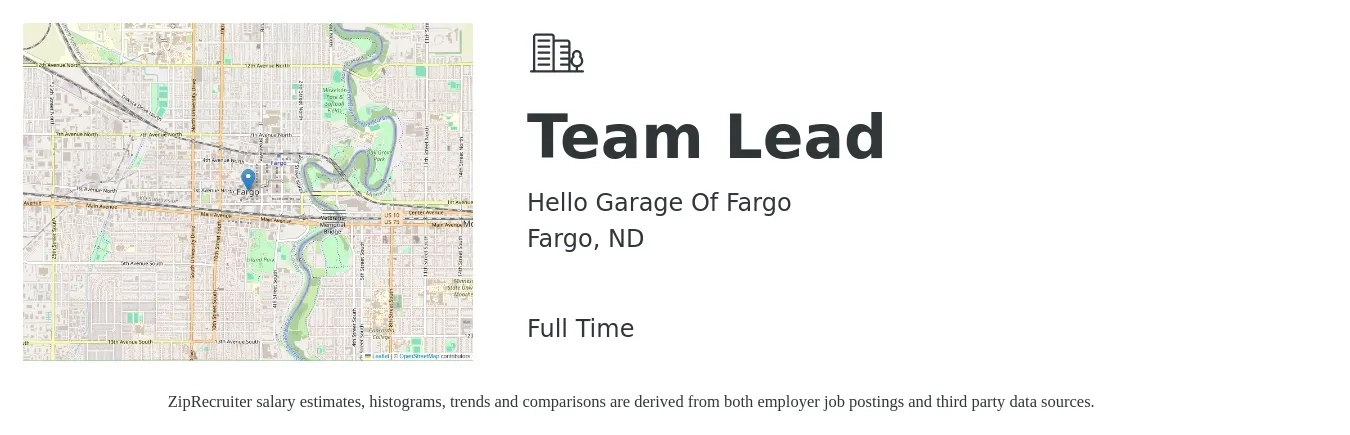 Hello Garage Of Fargo job posting for a Team Lead in Fargo, ND with a salary of $16 to $24 Hourly with a map of Fargo location.