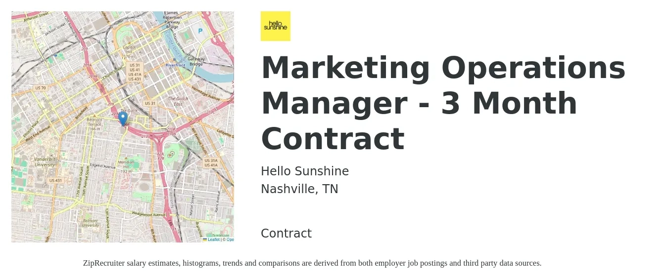 Hello Sunshine job posting for a Marketing Operations Manager - 3 Month Contract in Nashville, TN with a salary of $69,500 to $122,200 Yearly with a map of Nashville location.