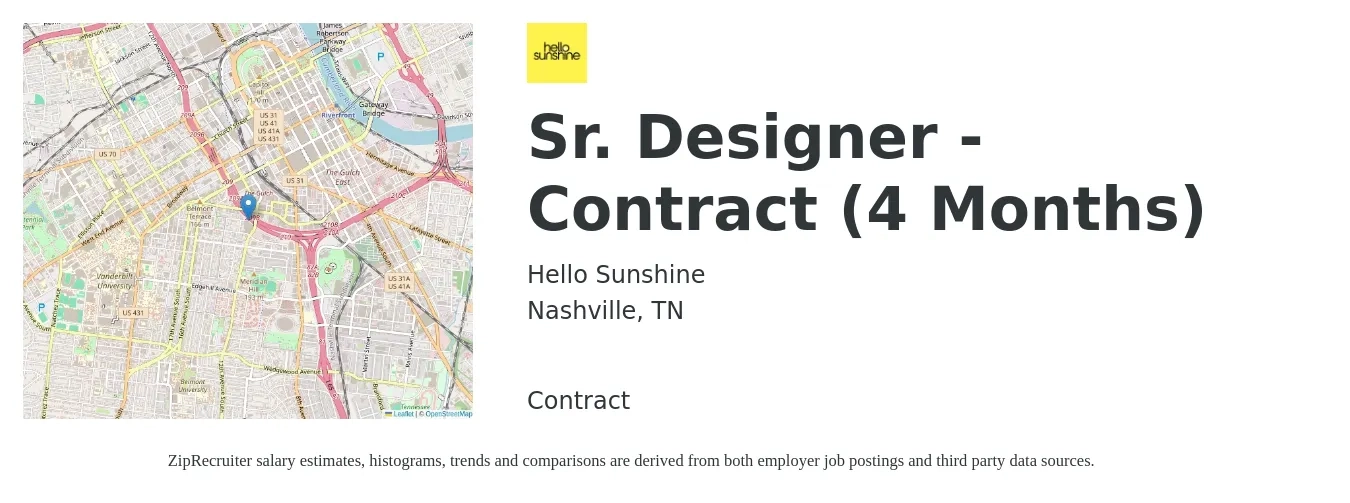 Hello Sunshine job posting for a Sr. Designer - Contract (4 Months) in Nashville, TN with a salary of $98,500 to $105,300 Yearly with a map of Nashville location.