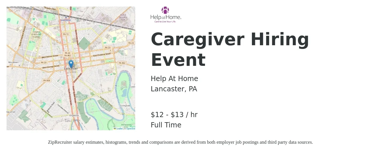 Help At Home job posting for a Caregiver Hiring Event in Lancaster, PA with a salary of $13 to $14 Hourly with a map of Lancaster location.