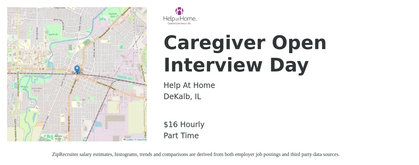 Help At Home job posting for a Caregiver Open Interview Day in DeKalb, IL with a salary of $17 Hourly with a map of DeKalb location.