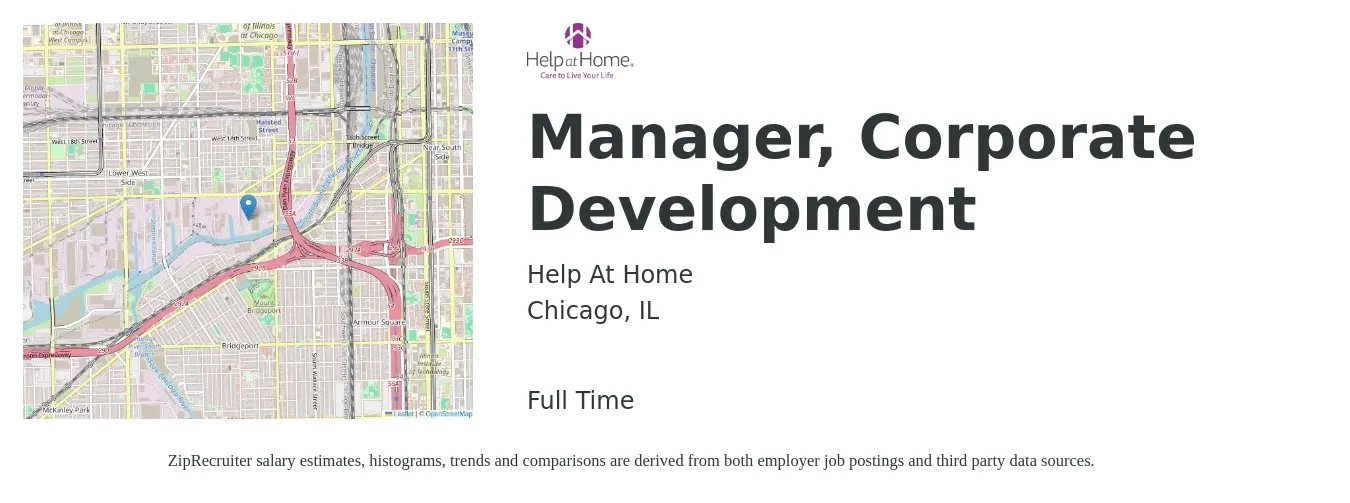 Help At Home job posting for a Manager, Corporate Development in Chicago, IL with a salary of $83,500 to $121,700 Yearly with a map of Chicago location.