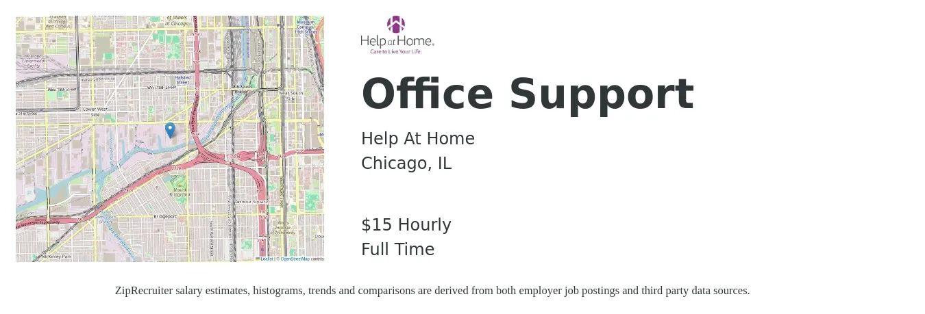 Help at Home job posting for a Office Support in Chicago, IL with a salary of $16 Hourly with a map of Chicago location.