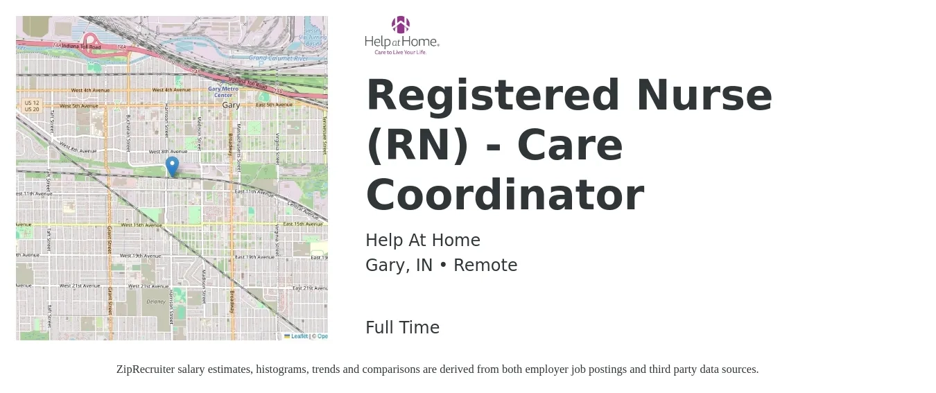 Help At Home job posting for a Registered Nurse (RN) - Care Coordinator in Gary, IN with a salary of $35 to $54 Hourly with a map of Gary location.