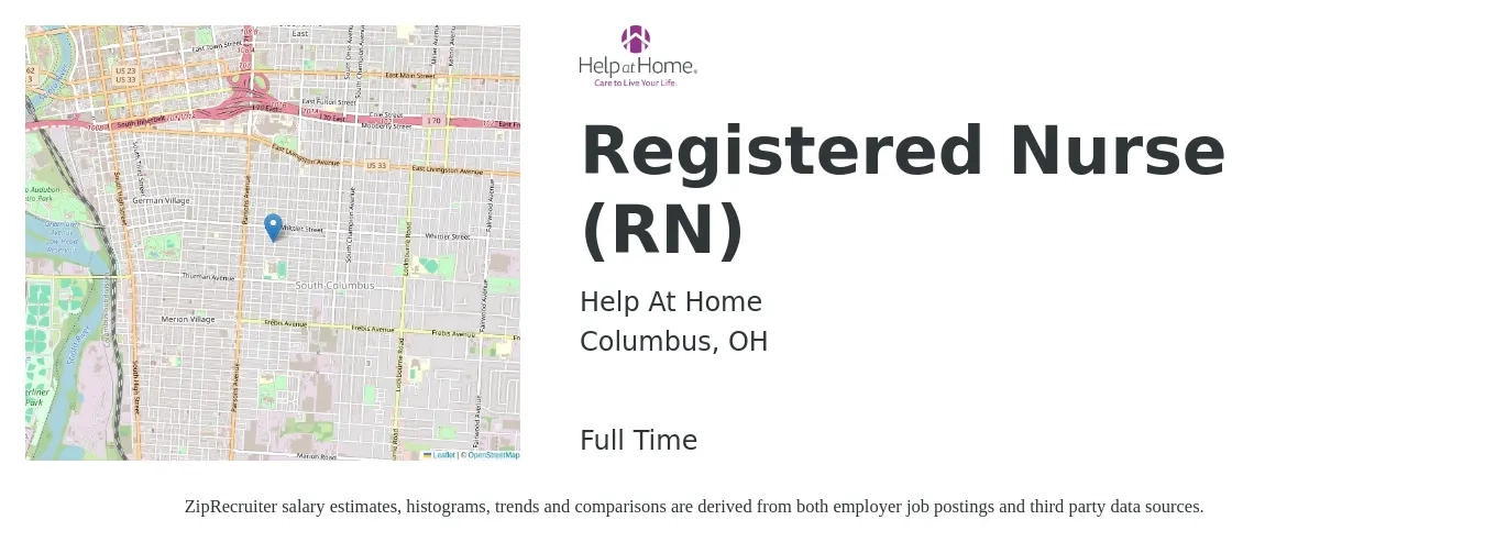 Help At Home job posting for a Registered Nurse (RN) in Columbus, OH with a salary of $31 to $50 Hourly with a map of Columbus location.