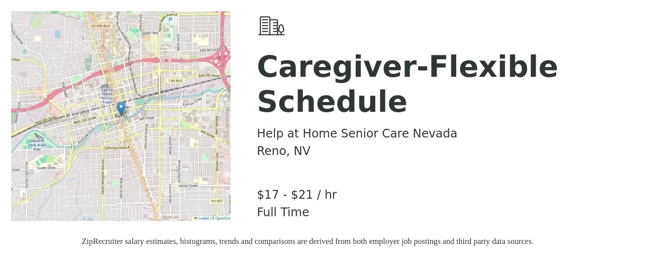 Help at Home Senior Care Nevada job posting for a Caregiver-Flexible Schedule in Reno, NV with a salary of $18 to $22 Hourly with a map of Reno location.