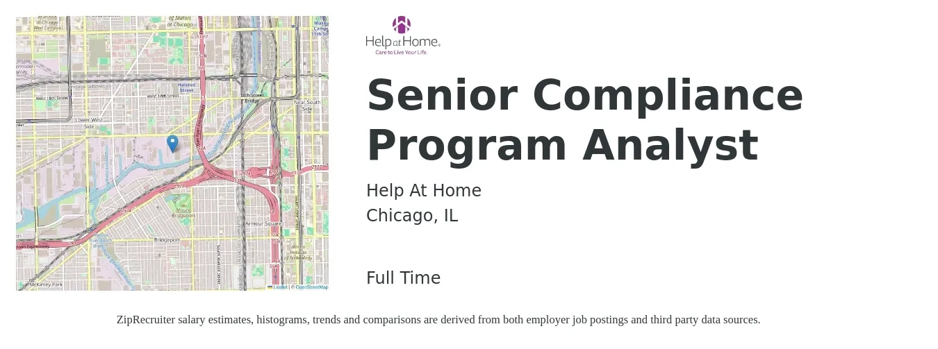 Help At Home job posting for a Senior Compliance Program Analyst in Chicago, IL with a salary of $72,700 to $105,200 Yearly with a map of Chicago location.