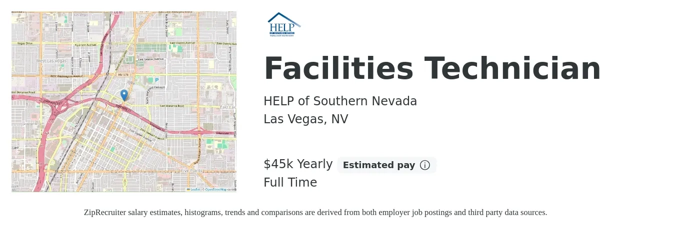 HELP of Southern Nevada job posting for a Facilities Technician in Las Vegas, NV with a salary of $45,000 Yearly with a map of Las Vegas location.