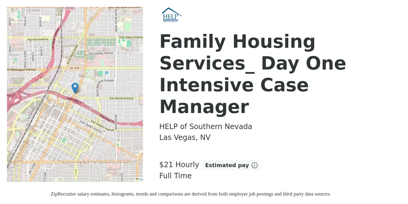 HELP of Southern Nevada job posting for a Family Housing Services_ Day One Intensive Case Manager in Las Vegas, NV with a salary of $22 to $22 Hourly with a map of Las Vegas location.
