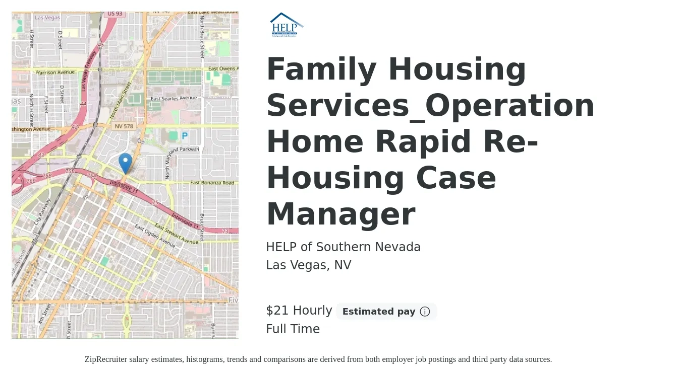 HELP of Southern Nevada job posting for a Family Housing Services_Operation Home Rapid Re-Housing Case Manager in Las Vegas, NV with a salary of $46,000 Yearly with a map of Las Vegas location.
