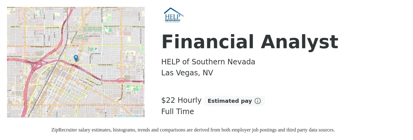HELP of Southern Nevada job posting for a Financial Analyst in Las Vegas, NV with a salary of $48,000 Yearly with a map of Las Vegas location.