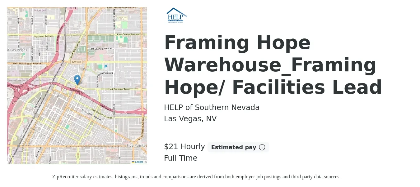 HELP of Southern Nevada job posting for a Framing Hope Warehouse_Framing Hope/ Facilities Lead in Las Vegas, NV with a salary of $22 Hourly with a map of Las Vegas location.