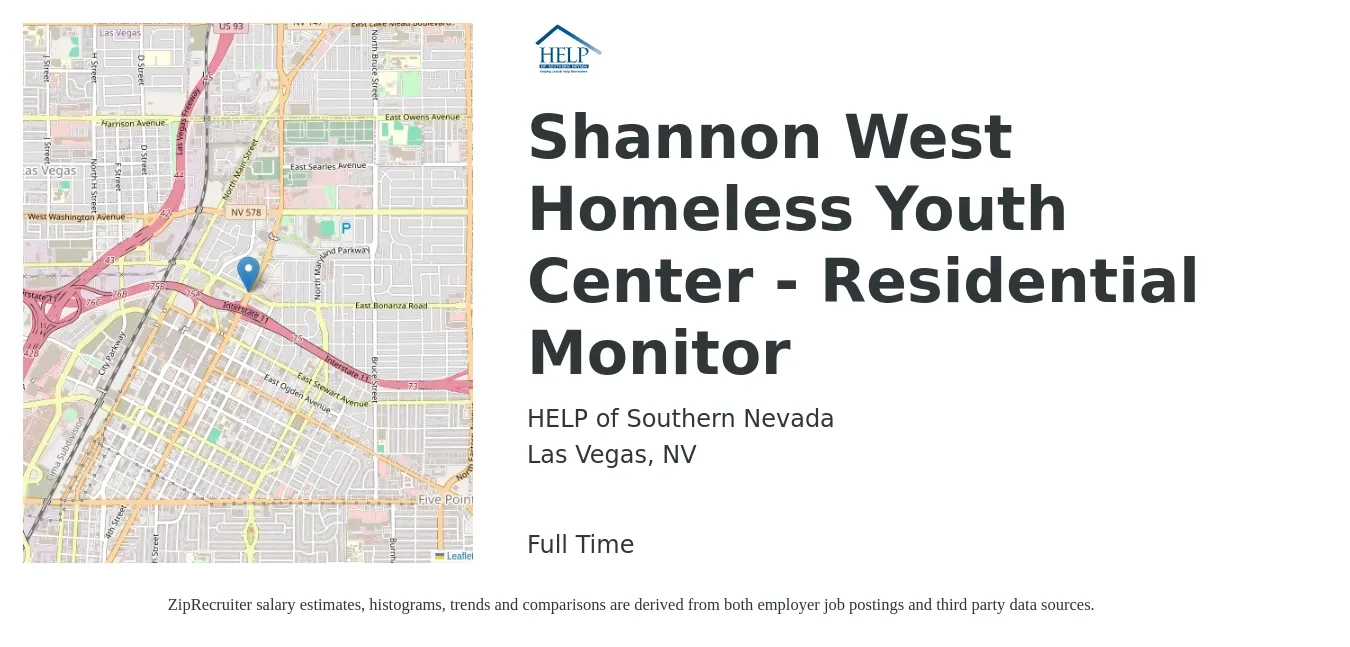 HELP of Southern Nevada job posting for a Shannon West Homeless Youth Center - Residential Monitor in Las Vegas, NV with a salary of $15 to $21 Hourly with a map of Las Vegas location.