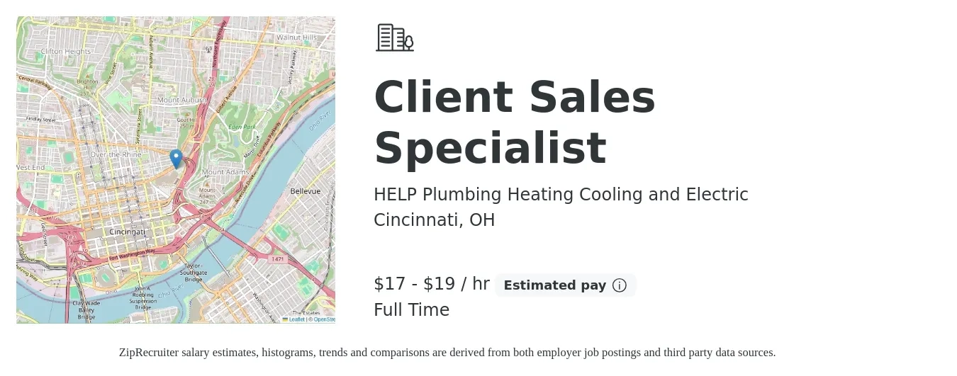 HELP Plumbing Heating Cooling and Electric job posting for a Client Sales Specialist in Cincinnati, OH with a salary of $18 to $20 Hourly with a map of Cincinnati location.