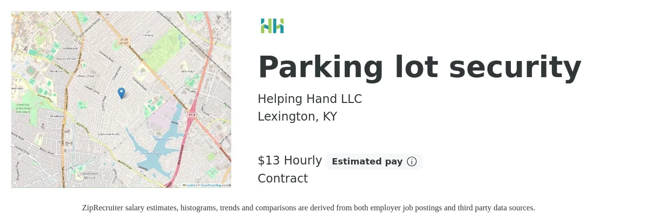 Helping Hand LLC job posting for a Parking lot security in Lexington, KY with a salary of $14 Hourly with a map of Lexington location.