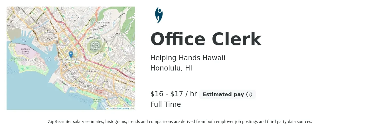 Helping Hands Hawaii job posting for a Office Clerk in Honolulu, HI with a salary of $17 to $18 Hourly with a map of Honolulu location.