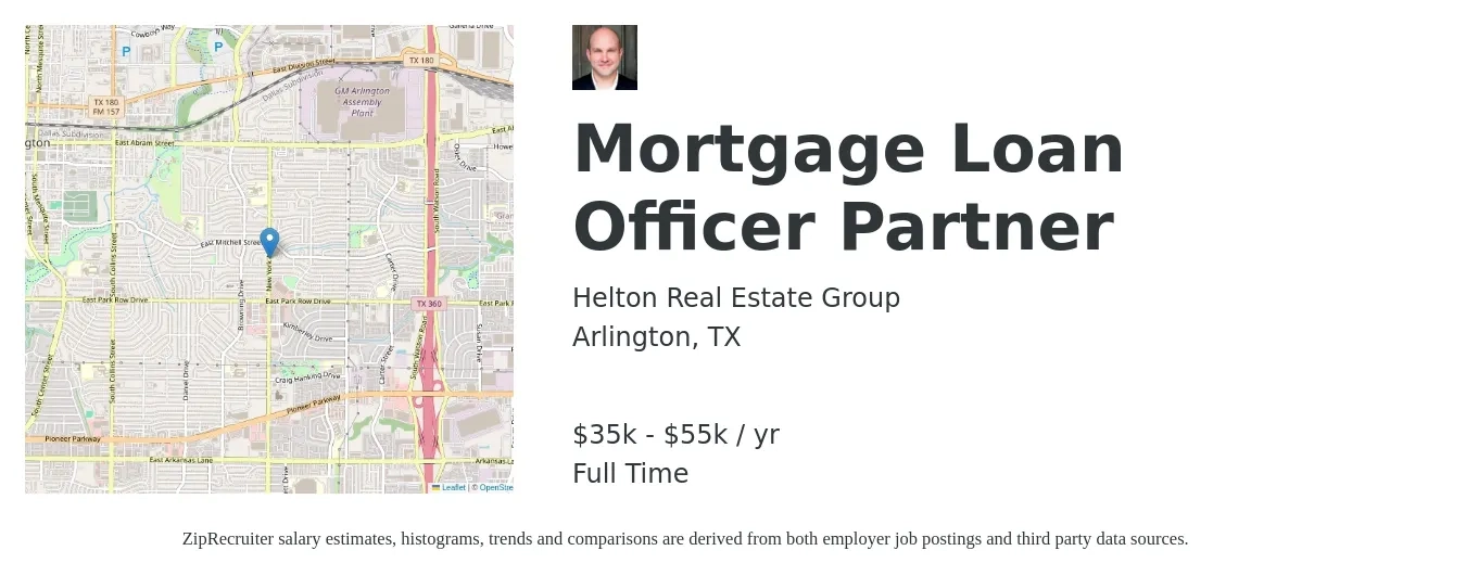 Helton Real Estate Group job posting for a Mortgage Loan Officer Partner in Arlington, TX with a salary of $35,000 to $55,000 Yearly with a map of Arlington location.