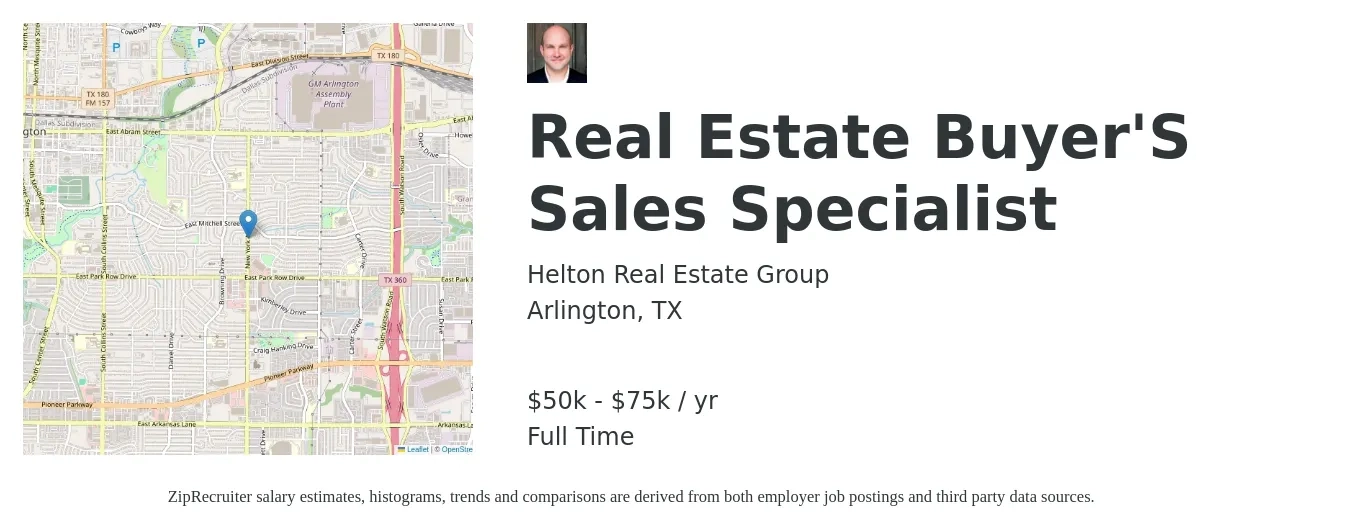 Helton Real Estate Group job posting for a Real Estate Buyer'S Sales Specialist in Arlington, TX with a salary of $50,000 to $75,000 Yearly with a map of Arlington location.