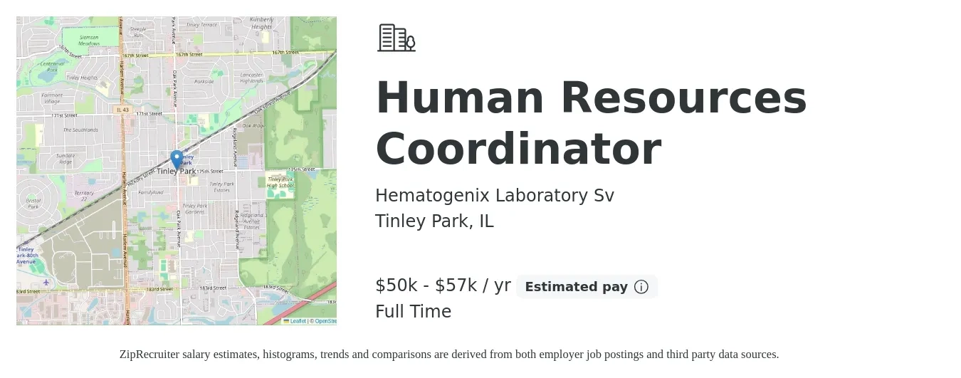 Hematogenix Laboratory Sv job posting for a Human Resources Coordinator in Tinley Park, IL with a salary of $50,000 to $57,000 Yearly with a map of Tinley Park location.