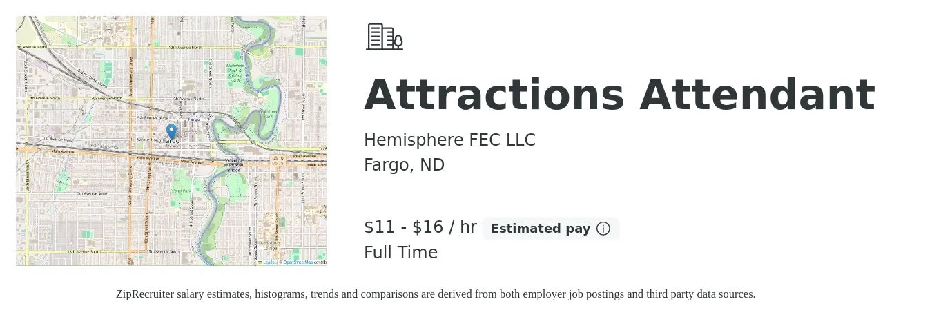Hemisphere FEC LLC job posting for a Attractions Attendant in Fargo, ND with a salary of $12 to $17 Hourly with a map of Fargo location.