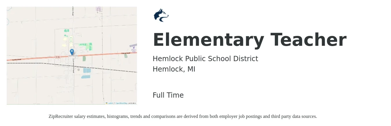 Hemlock Public School District job posting for a Elementary Teacher in Hemlock, MI with a salary of $37,600 to $50,700 Yearly with a map of Hemlock location.