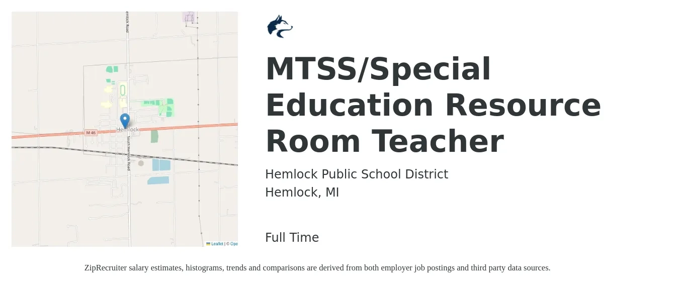 Hemlock Public School District job posting for a MTSS/Special Education Resource Room Teacher in Hemlock, MI with a salary of $41,000 to $51,500 Yearly with a map of Hemlock location.