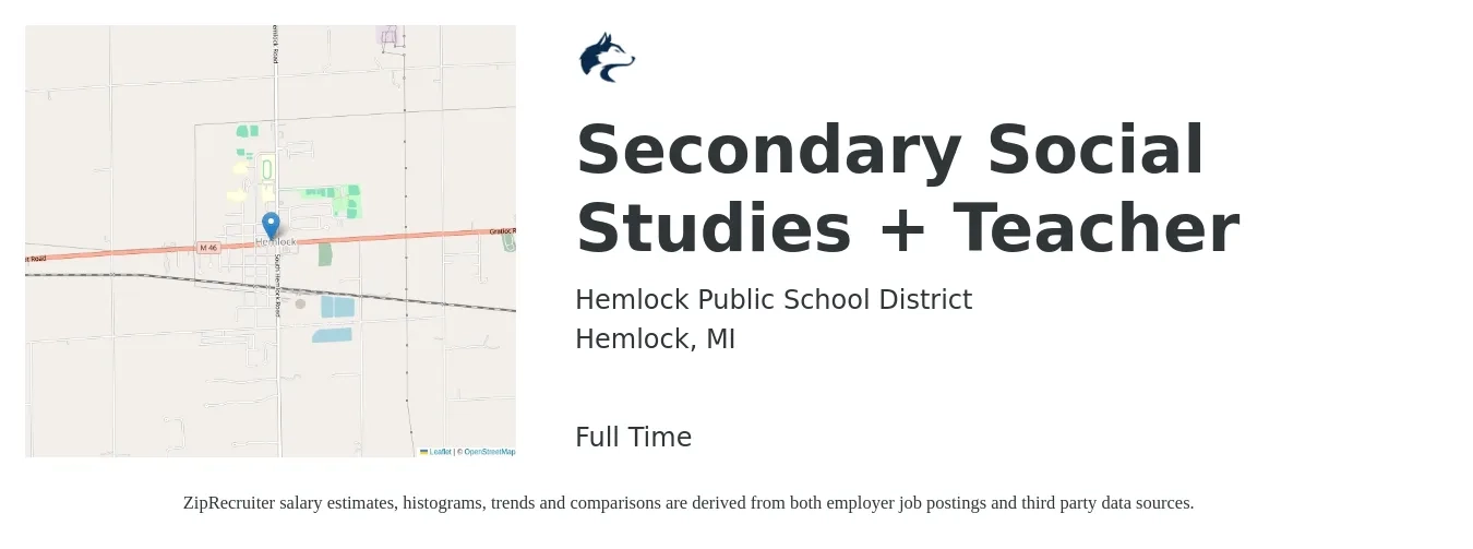 Hemlock Public School District job posting for a Secondary Social Studies + Teacher in Hemlock, MI with a salary of $42,200 to $56,600 Yearly with a map of Hemlock location.