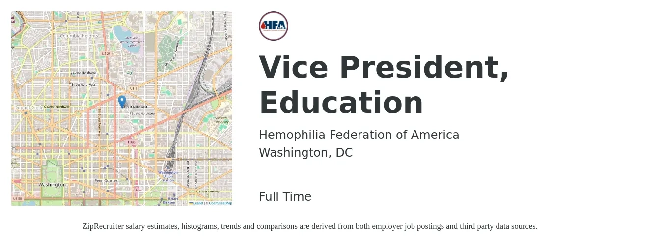Hemophilia Federation of America job posting for a Vice President, Education in Washington, DC with a salary of $95,000 to $105,000 Yearly with a map of Washington location.